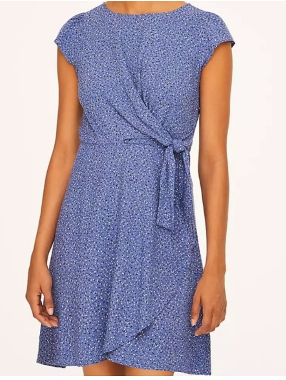 LOFT Faux Wrap Rayon Dress Womens 12 Blue Polka Dot Short Sleeve Casual Career